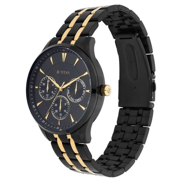 Titan 90127KM01 Men’s Multifunction Black Dial Watch with Black & Gold Stainless Steel Strap
