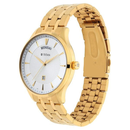 Titan 90127YM01 White Dial Analog Quartz Stainless Steel Men’s Watch – Golden Band, Round Case, Day & Date Display