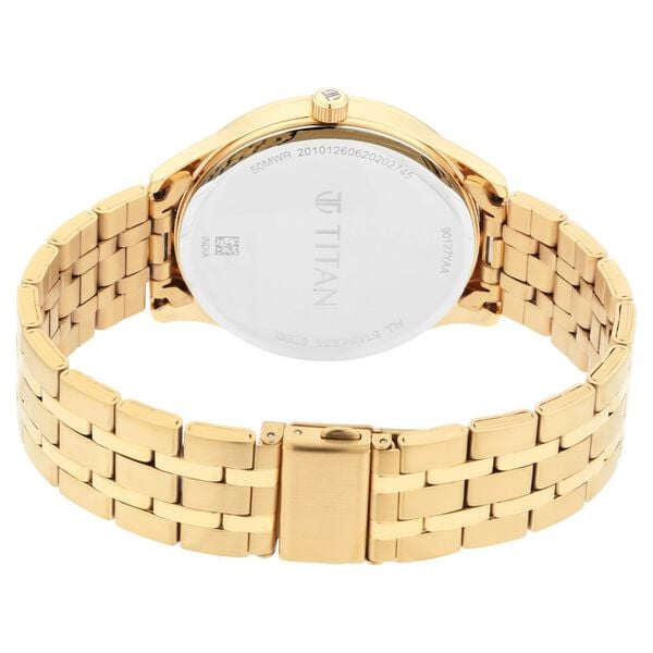 Titan 90127YM01 White Dial Analog Quartz Stainless Steel Men’s Watch – Golden Band, Round Case, Day & Date Display