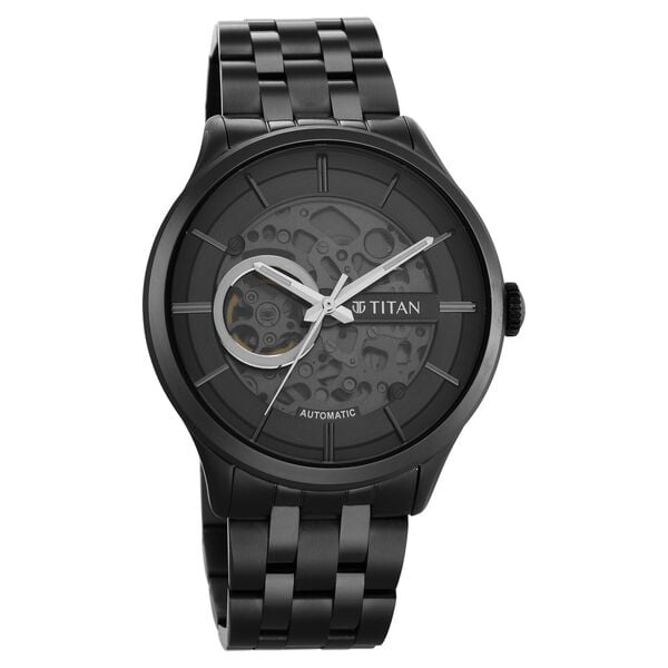 Titan 90140QM02 Grey Dial Automatic Watch for Men – Black Stainless Steel Strap, Mechanical Movement