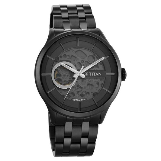 Titan 90140QM02 Grey Dial Automatic Watch for Men – Black Stainless Steel Strap, Mechanical Movement