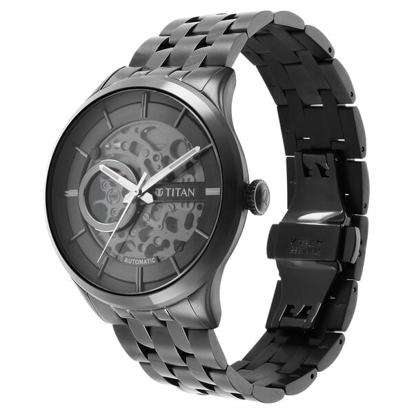 Titan 90140QM02 Grey Dial Automatic Watch for Men – Black Stainless Steel Strap, Mechanical Movement