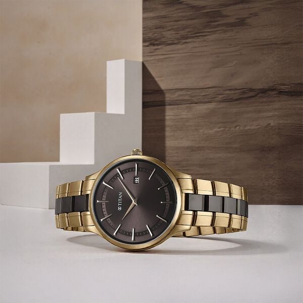 Titan 90142KD02 Men’s Grey Dial Slim Ceramic-Fusion Analog Watch with Two-Tone Metal Strap