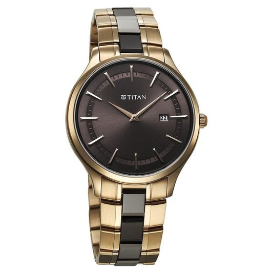 Titan 90142KD02 Men’s Grey Dial Slim Ceramic-Fusion Analog Watch with Two-Tone Metal Strap