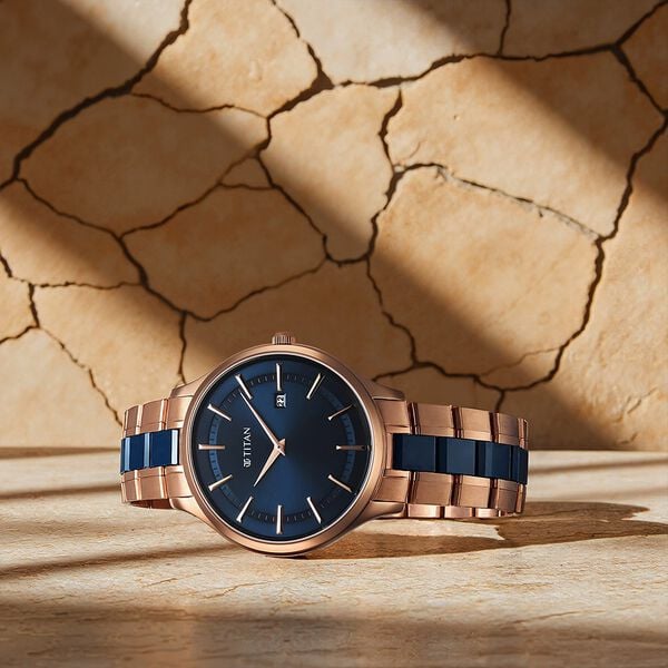 Titan 90142KD03 Men’s Blue-Dial Slim Ceramic-Fusion Analog Watch with Two-Tone Metal Strap