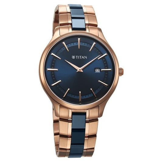Titan 90142KD03 Men’s Blue-Dial Slim Ceramic-Fusion Analog Watch with Two-Tone Metal Strap