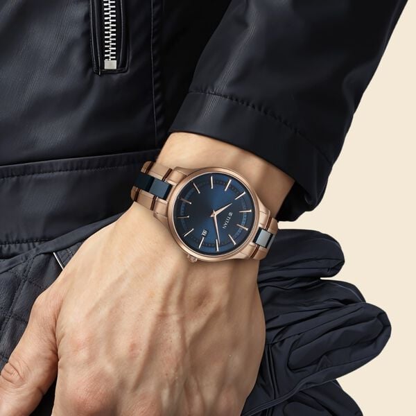 Titan 90142KD03 Men’s Blue-Dial Slim Ceramic-Fusion Analog Watch with Two-Tone Metal Strap