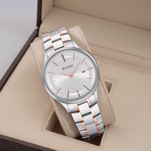 Titan 90142KM01 Men Silver Dial Stainless Steel Strap Quartz Date Watch
