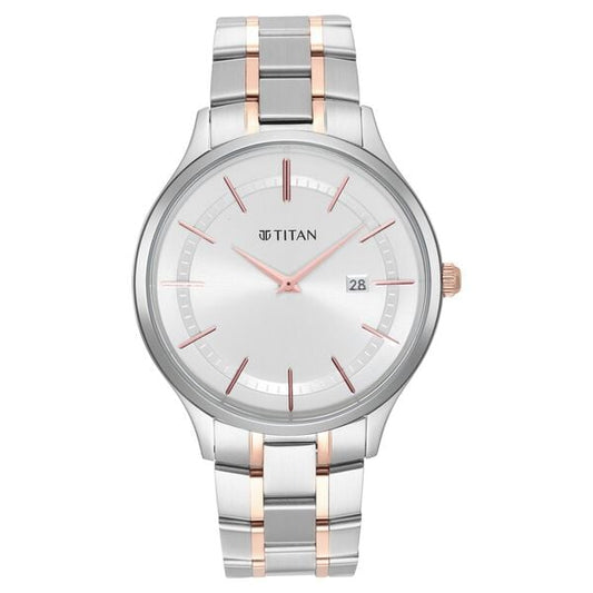 Titan 90142KM01 Men Silver Dial Stainless Steel Strap Quartz Date Watch