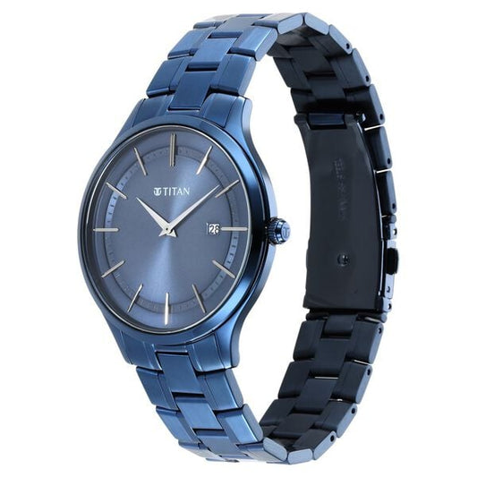 Titan 90142QM01 Quartz Analog With Date Blue Dial Blue Stainless Steel Strap Men Watch