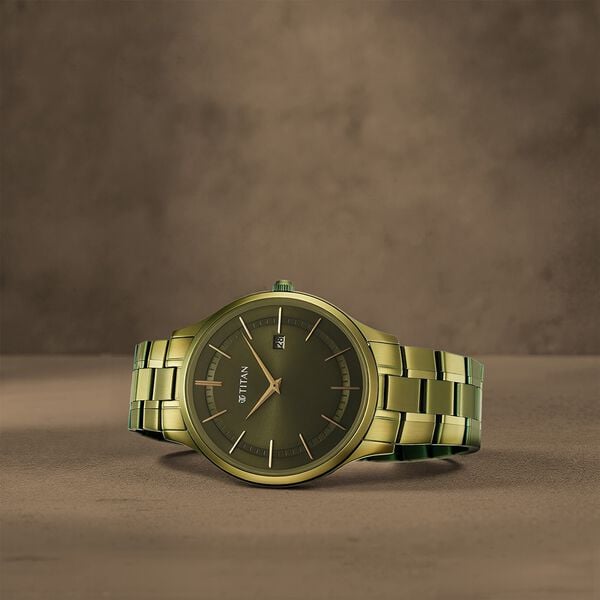 Titan 90142QM03 Men’s Quartz Analog Watch with Green Dial & Stainless-Steel Strap