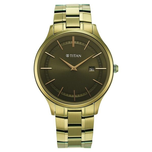 Titan 90142QM03 Men’s Green Dial Stainless Steel Strap Quartz Analog Watch – Round Metal Case, Day & Date, Mineral Glass, Push‑Button Clasp
