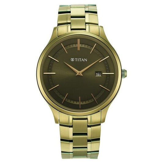 Titan 90142QM03 Men’s Green Dial Stainless Steel Strap Quartz Analog Watch – Round Metal Case, Day & Date, Mineral Glass, Push‑Button Clasp