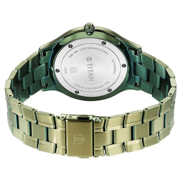 Titan 90142QM03 Men’s Green Dial Stainless Steel Strap Quartz Analog Watch – Round Metal Case, Day & Date, Mineral Glass, Push‑Button Clasp