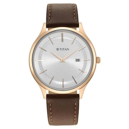 Titan 90142WL01 Classique Slimline Quartz Analog Men’s Watch with Silver Dial & Brown Leather Strap