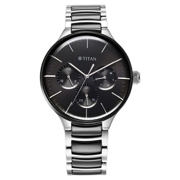 Titan 90148KD01 Black Dial Multifunction Analog Watch for Men – Stainless Steel Case, Dual-Tone Black & Silver Bracelet, Quartz Movement