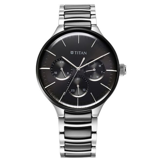 Titan 90148KD01 Black Dial Multifunction Analog Watch for Men – Stainless Steel Case, Dual-Tone Black & Silver Bracelet, Quartz Movement