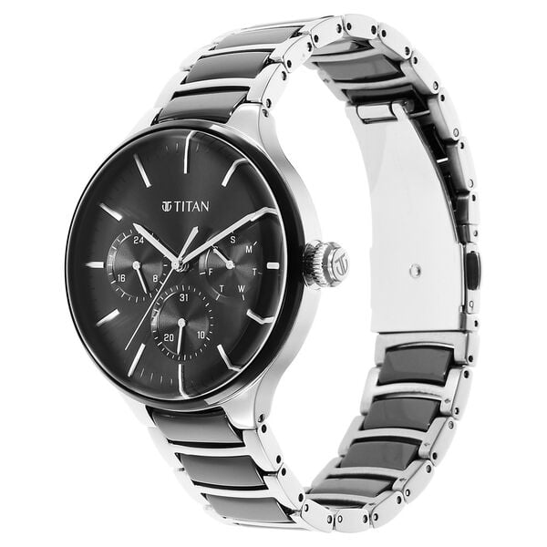 Titan 90148KD01 Black Dial Multifunction Analog Watch for Men – Stainless Steel Case, Dual-Tone Black & Silver Bracelet, Quartz Movement
