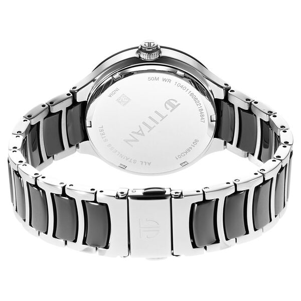 Titan 90148KD01 Black Dial Multifunction Analog Watch for Men – Stainless Steel Case, Dual-Tone Black & Silver Bracelet, Quartz Movement