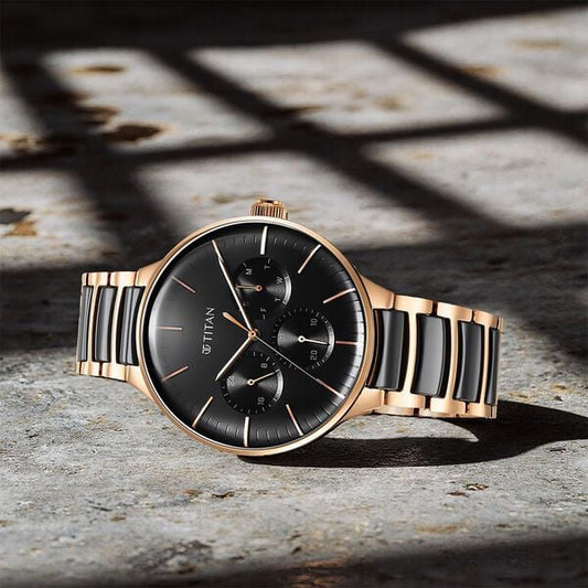 Titan 90148KD03 Men’s Multifunction Quartz Black Dial Watch with Two-Tone Stainless Steel Strap