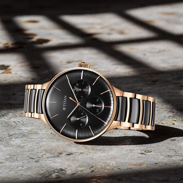 Titan 90148KD03 Men’s Multifunction Quartz Black Dial Watch with Two-Tone Stainless Steel Strap