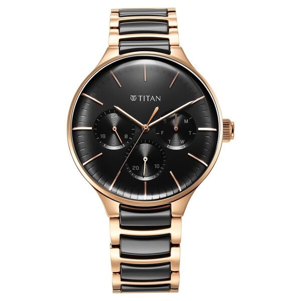 Titan 90148KD03 Men’s Anthracite Dial Two‑Tone Stainless Steel Strap Quartz Multifunction Analog Watch – Round Metal Case, Sub‑dials, Mineral Glass, Push‑Button Clasp