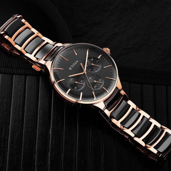 Titan 90148KD03 Men’s Multifunction Quartz Black Dial Watch with Two-Tone Stainless Steel Strap