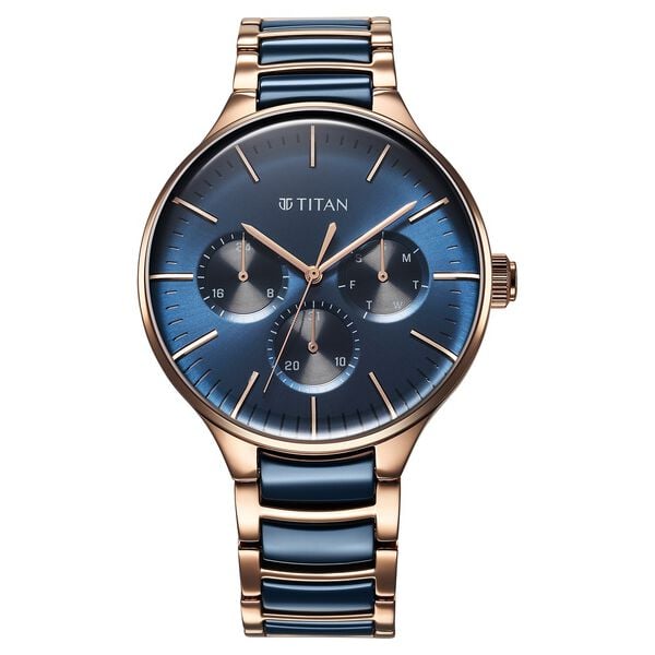 Titan 90148KD04 Ceramic Fusion Quartz Multifunction Blue Dial Two‑Toned Stainless Steel Strap Watch – Men