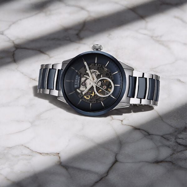 Titan 90174KD02 Men’s Ceramic-Fusion Automatic Analog Watch with Blue Dial & Two-Tone Stainless Steel Strap