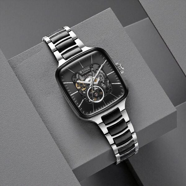 Titan 90175KD01 Men’s Automatic Analog Watch with Skeleton Black Dial, Dual-Tone Strap