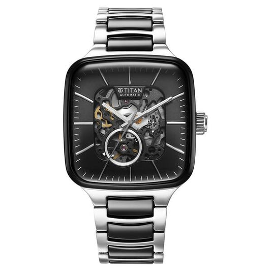 Titan 90175KD01 Men’s Automatic Analog Watch with Skeleton Black Dial, Dual-Tone Strap