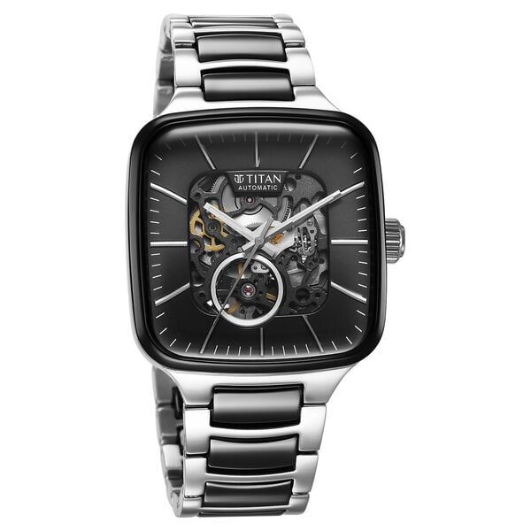 Titan 90175KD01 Men’s Automatic Analog Watch with Skeleton Black Dial, Dual-Tone Strap