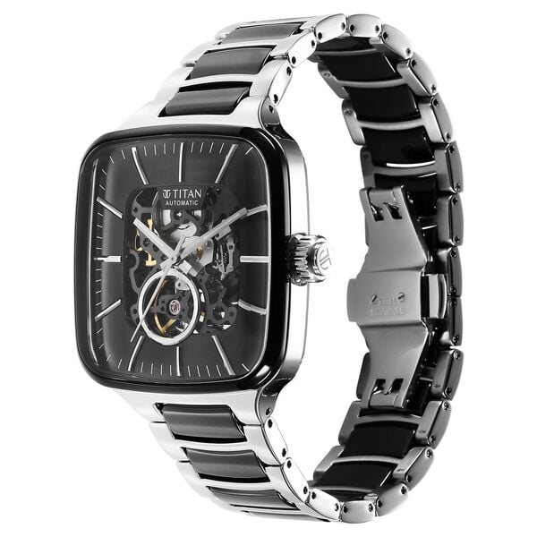Titan 90175KD01 Men’s Automatic Analog Watch with Skeleton Black Dial, Dual-Tone Strap