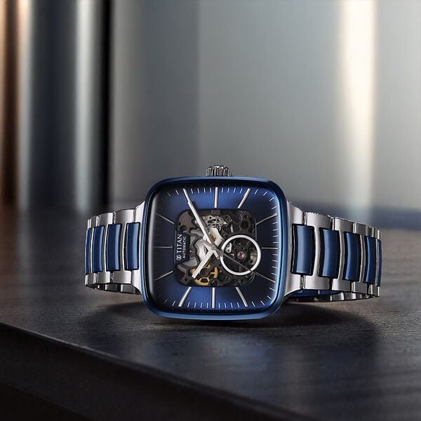 Titan 90175KD02 Men Ceramic Fusion Automatic Square Blue Dial Watch