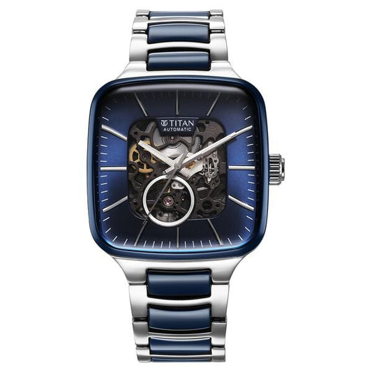 Titan 90175KD02 Men Ceramic Fusion Automatic Square Blue Dial Watch