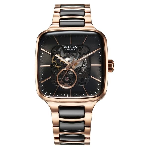 Titan 90175KD03 Men Automatic Skeleton Square Black Dial Ceramic & Steel Strap Watch