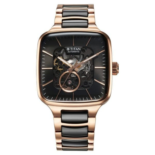 Titan 90175KD03 Men Automatic Skeleton Square Black Dial Ceramic & Steel Strap Watch
