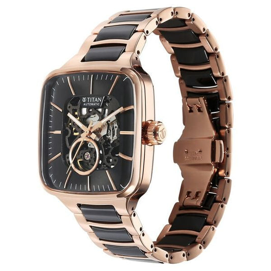 Titan 90175KD03 Men Automatic Skeleton Square Black Dial Ceramic & Steel Strap Watch