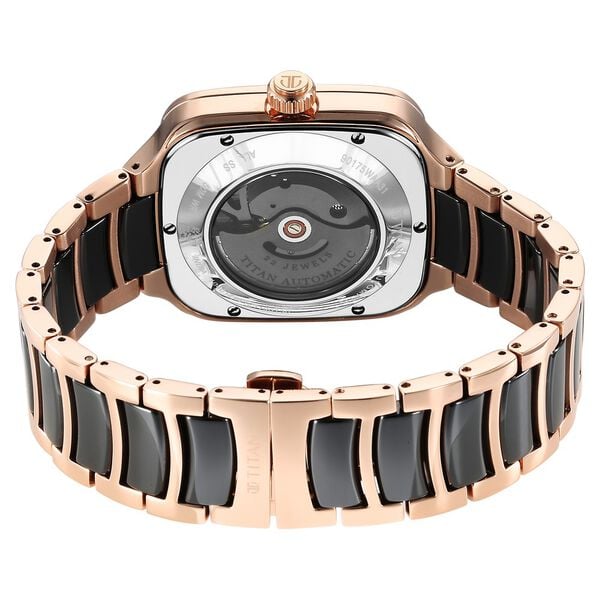 Titan 90175KD03 Men Automatic Skeleton Square Black Dial Ceramic & Steel Strap Watch