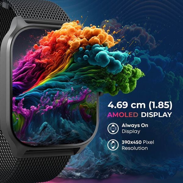 Titan Zeal Smartwatch (Black) with 1.85″ AMOLED Display, BT-Calling, and Black Mesh Strap