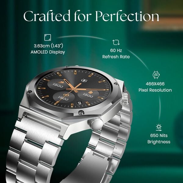 Titan 90208NM01 Maestro Smartwatch with 3.6 cm AMOLED Display, All-Stainless Steel Strap, BT Calling