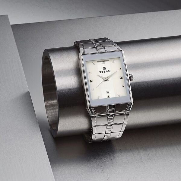 Titan 9151SM01 Men’s Quartz Analog White Dial Stainless Steel Strap Rectangular Watch