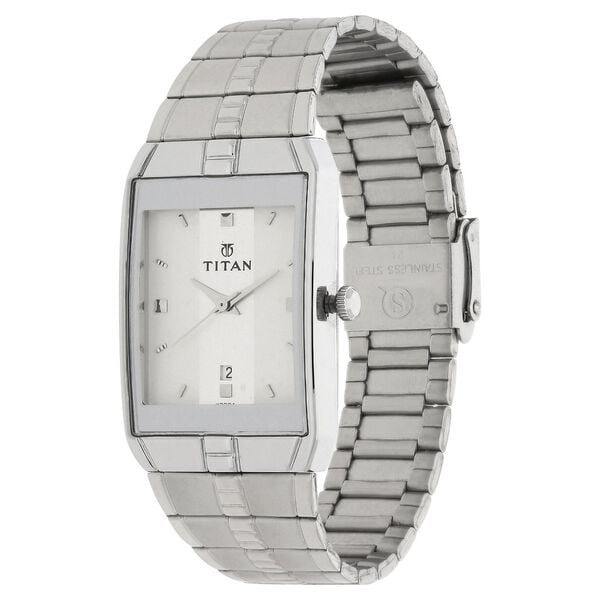 Titan 9151SM01 Men’s Quartz Analog White Dial Stainless Steel Strap Rectangular Watch
