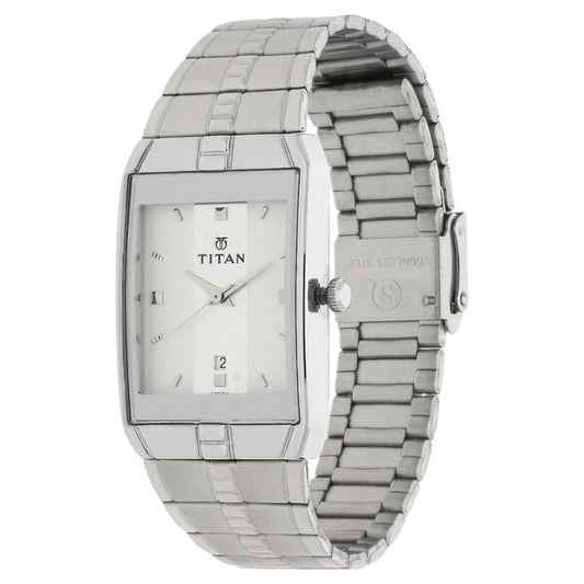 Titan 9151SM01 Men’s Quartz Analog White Dial Stainless Steel Strap Rectangular Watch