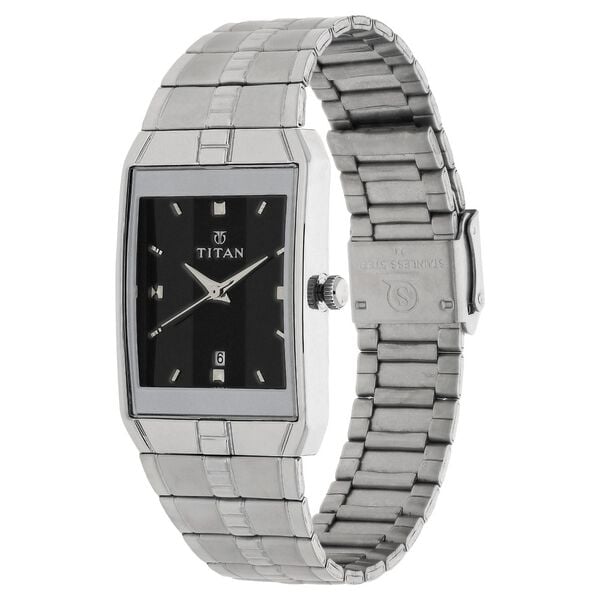 Titan 9151SM02 Men’s Quartz Analog Black Dial Stainless Steel Rectangular Watch