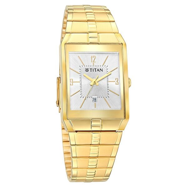 Titan 9151YM06 Men’s White-Dial Rectangle Analog Watch with Date & Gold Metal Strap