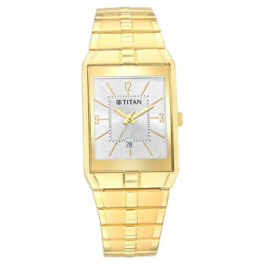 Titan 9151YM06 Men’s White-Dial Rectangle Analog Watch with Date & Gold Metal Strap