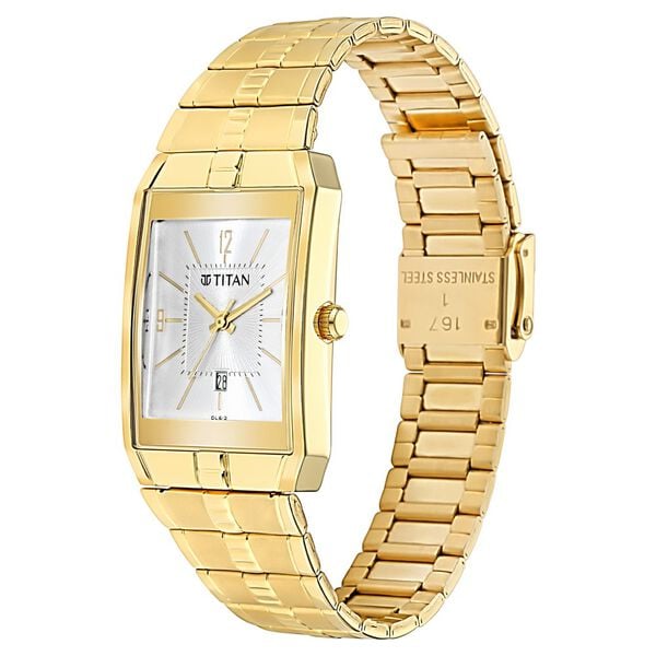 Titan 9151YM06 Men’s White-Dial Rectangle Analog Watch with Date & Gold Metal Strap