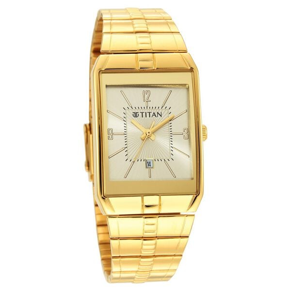 Titan 9151YM07 Champagne Dial Analog Watch for Men – Golden Stainless Steel Strap, Quartz Movement