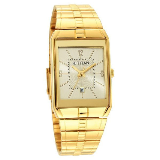 Titan 9151YM07 Champagne Dial Analog Watch for Men – Golden Stainless Steel Strap, Quartz Movement